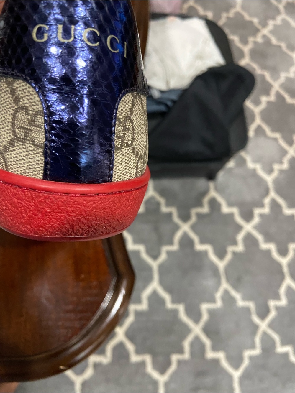Gucci Beige GG Supreme Sneakers with Red Sole and Navy/Red Web Stripe - Picture 8 of 8